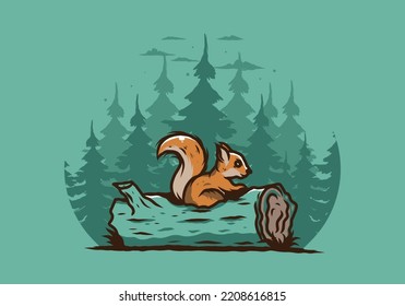 Lonely squirrel hiding in a dead tree trunk illustration design