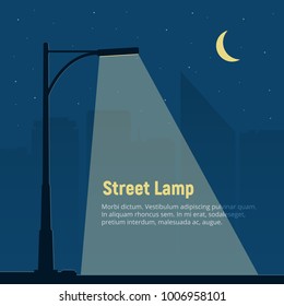 Lonely street lamp on background of the night city. Silhouette of a street light in the night. Vector illustration in flat style.