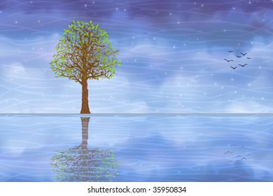 Lonely summer tree reflecting in clear blue water (other landscapes are in my gallery)