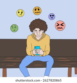 Lonely teen slumping on bench, clasping smartphone while weeping, surrounded by despondent emotive digital icons representing emotional distress