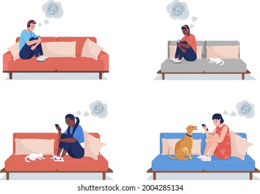Lonely teenage boy and girl semi flat color vector character set. Sitting figures. Full body people on white. Teens isolated modern cartoon style illustration for graphic design and animation pack