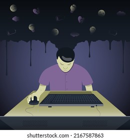 Lonely tired depressed man at the computer in the dark. Mental disorder and anxiety.