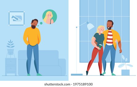 Lonely and together design composition with relationship symbols flat isolated vector illustration