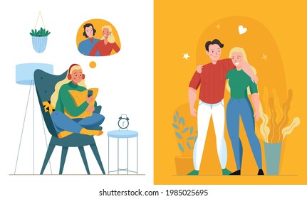 Lonely and together love composition with relationship symbols flat isolated vector illustration