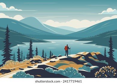 Lonely traveller hiking in the mountains, vector illustration. Beautiful nature outdoor, backpacking trip to a national park