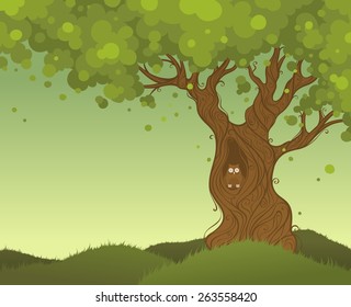 Lonely tree background. Color background with owl in hollow of a tree-trunk. There is place for your text in the sky.