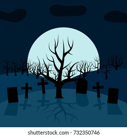 A lonely tree in the cemetery at night in front of the Moon. Vector background for Halloween
