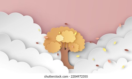 A lonely tree is changing colorful in the autumn mist. Trees change color in Autumn. Autumn landscape. paper cut and craft style. vector, illustration.
