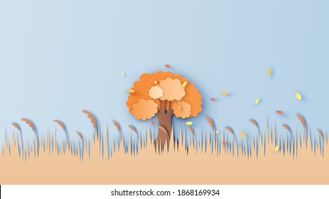 A lonely tree is deciduous in the middle of Autumn meadow field. Autumn landscape.  paper cut and craft style. vector, illustration.