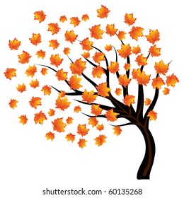 Lonely tree with falling leaves on the wind, vector illustration