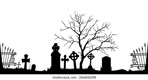 Ein einsamer Baum, der auf einem verlassenen Friedhof wächst. Silhouetten aus Gräbern, Kreuzen und einem Baum ohne Blätter einzeln auf weißem Hintergrund. Vektorgrafik