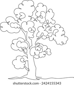 Lonely tree. Landscaped park with path and tree.  A place to relax in nature. Continuous line drawing. Vector illustration.