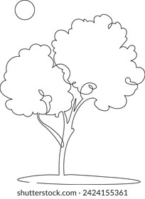 Lonely tree. Landscaped park with path and tree.  A place to relax in nature. Continuous line drawing. Vector illustration.