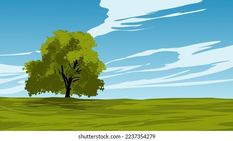 Lonely tree in meadow. Vector nature scenery