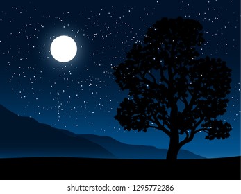 lonely tree at night in field under starry sky