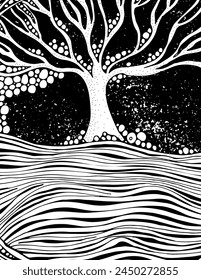 Lonely tree, night, moon. Hand-drawn, ethnic, floral, retro, doodle, vector, zentangle tribal design element. Mandala. Pattern for coloring book	
