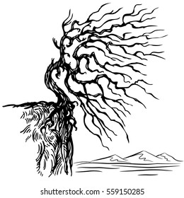 lonely tree on the cliff with the mountains; RGB EPS 10 vector illustration
