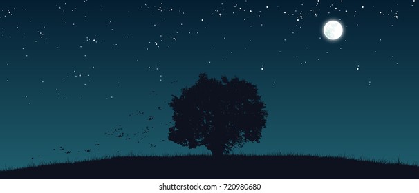 lonely tree on field flat color illustration at night time