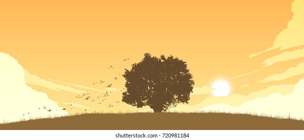 lonely tree on field flat color illustration in evening time