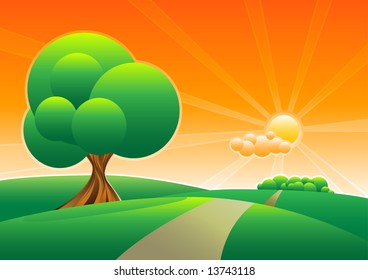 lonely tree on the green field. separated layers in vector file.