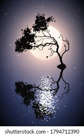 Lonely tree on moonlight night. Landscape with full moon in starry sky