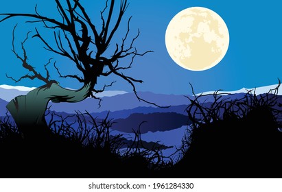 Lonely tree on moonlight night. Landscape with full moon in starry sky