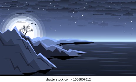 lonely tree on the northern cliffs among the ocean against a dark starry sky with clouds and a large rising sun and with silhouettes of flying birds. morning seascape. author's drawing. vector
