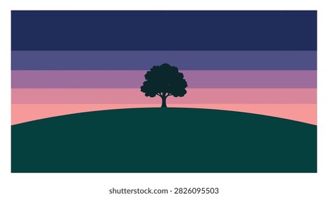 Lonely tree silhouette on a green hill under a colorful purple and pink sky