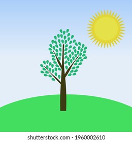 Lonely tree standing alone in a park cartoon vector summer nature landscape background