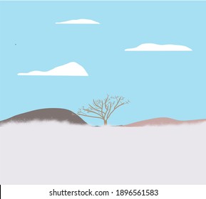 Lonely tree is standing isolted on a field with snow during the winter season. Beautiful white winter. Blue sky.