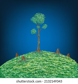 El árbol solitario sigue siendo verde en el bosque. Ecología, protección del medio ambiente y concepto de calentamiento global.