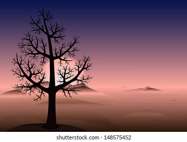 Lonely tree without leaves on the hill. Sunset time. Heads of a mountains looks through the fog. Vector Background with copy space.