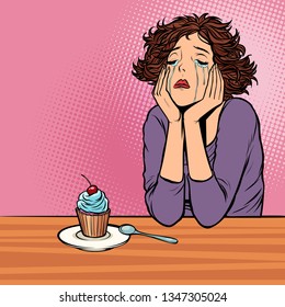 lonely unhappy woman. cupcake dessert. Comic cartoon pop art vector retro vintage drawing