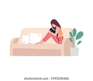 Lonely unhappy woman sitting alone with cat, flat vector illustration isolated.