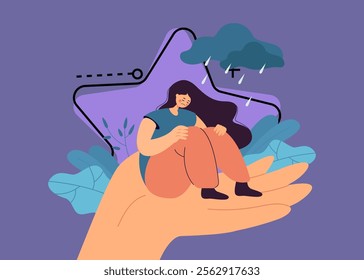 Lonely unhappy woman sitting on hand under rainy cloud of problems. Grief, sorrow, stress cartoon vector illustration. Psychological help, counselors support concept for banner and landing page