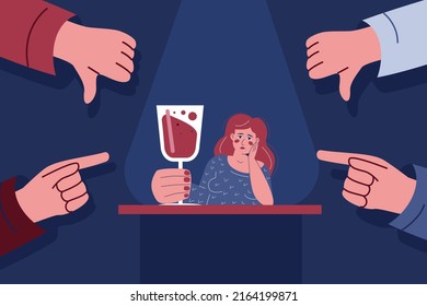 A lonely upset drunk woman, to whom condemning, aggressive gestures are directed. The metaphor of bullying, abuse, rejection of female alcoholism.