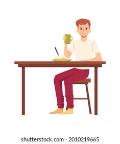 El hombre solitario disgustado comiendo solo, ilustración plana vectorial aislada en fondo blanco. El problema psicológico de la depresión y la soledad de los hombres.