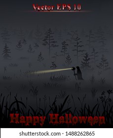 Lonely wanderer in the black cloak with a hood goes throw dark hazy valley holding staff with a Jack Pumpkin's head in his hands. Eyes of pumpkin skull are shining lightning up the road.