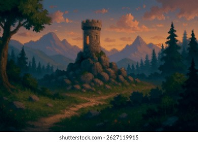A lonely watchtower rises on a rocky hill at sunset, surrounded by dark pine trees and distant mountains. A quiet and mysterious medieval scene.