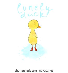 Lonely watercolor duckling standing in the red boots in a puddle