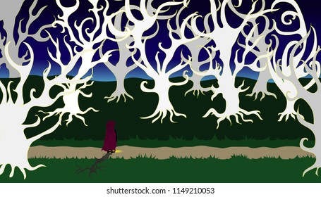 Lonely wayfarer lost in magic forest with white trees at night