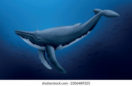 Lonely whale floating at sea depth realistic marine composition blue vector illustration
