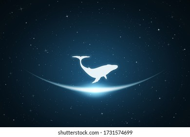 Lonely whale in space. Vector conceptual illustration with white silhouette of endangered animal and glowing outline. Surreal blue background for greeting cards, posters and other design