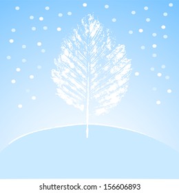 Lonely white winter tree on the hill in blue and white, vector illustration