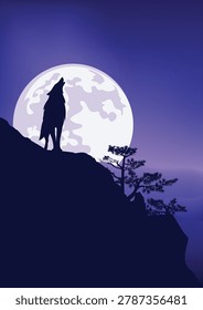 lonely wild wolf standing at mountain rock cliff with pine tree howling at full moon - dramatic wilderness night scene vector silhouette design