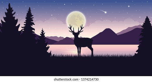 lonely wildlife reindeer in nature beautiful lake at night with full moon and starry sky mystic landscape vector illustration EPS10