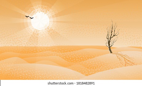ein einsamer, verwitterter Baum zwischen den Sanddünen auf dem Hintergrund der Wüste, Himmel mit einer großen Sonne, Silhouetten von fliegenden Vögeln. Wüstenlandschaft. Vektorgrafik