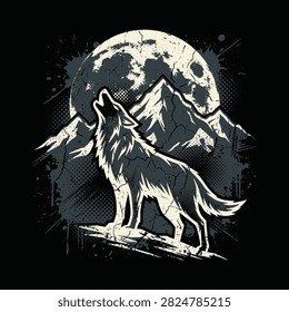 A lonely wolf howling at the full moon in the dark night mountains