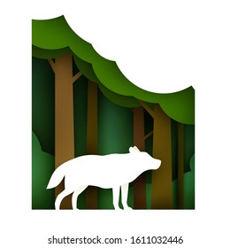 Lonely wolf on green forest in paper cut trendy craft cartoon style. Minimalistic creative modern design for advertising, branding background greeting card, cover, poster, banner. Vector illustration.