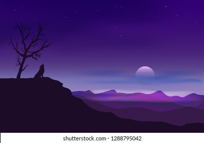 Lonely wolf on a landscape background howling at moon.